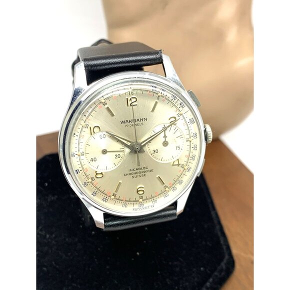 Wakmann Men's Watch Vintage Swiss Manual Wind Chronograph Silver Dial 38mm - Picture 12 of 13